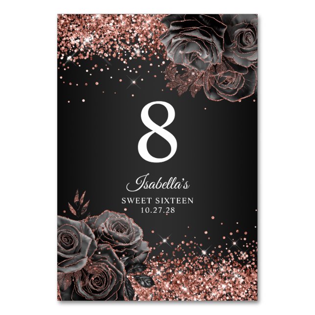 Glittrig Rosa Guld Svart Blommig Glamour Sweet Six Bordsnummer (Framsidan)