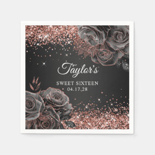Glittrig Rosa Guld Svart Blommig Glamour Sweet Six Pappersservett