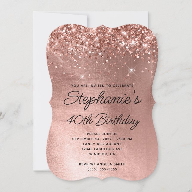 Glittrig Rose Guld Monogram 40-årsdag Inbjudningar (Framsida)
