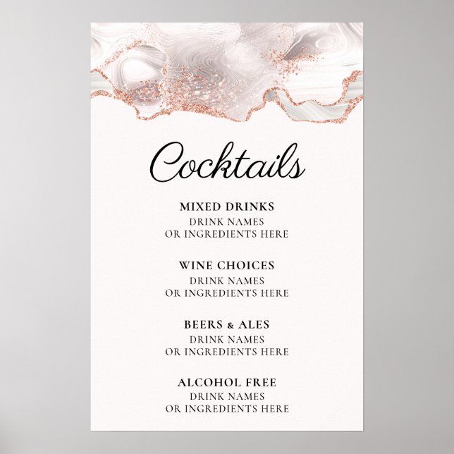 Glittrig Rose Guld Vit Agat Cocktail Meny A4 Poster (Framsidan)
