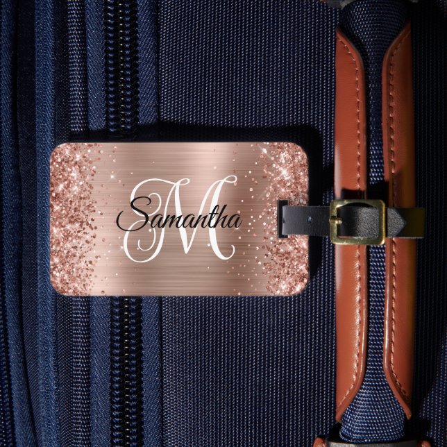 Glittrig Roséguld Lockig Monogram Bagagebricka (Framsida Insitu 4)