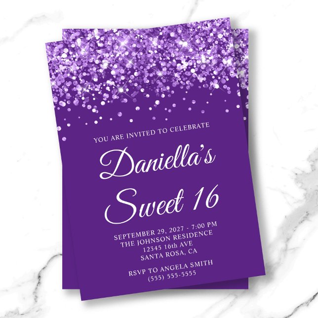 Glittrig Royal Lila Sweet 16 Inbjudningar (Glittery Royal Purple Sweet 16 Invitation)