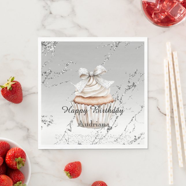 Glittrig Silver Vit Cupcake-slinga Födelsedag Pappersservett (Insitu)