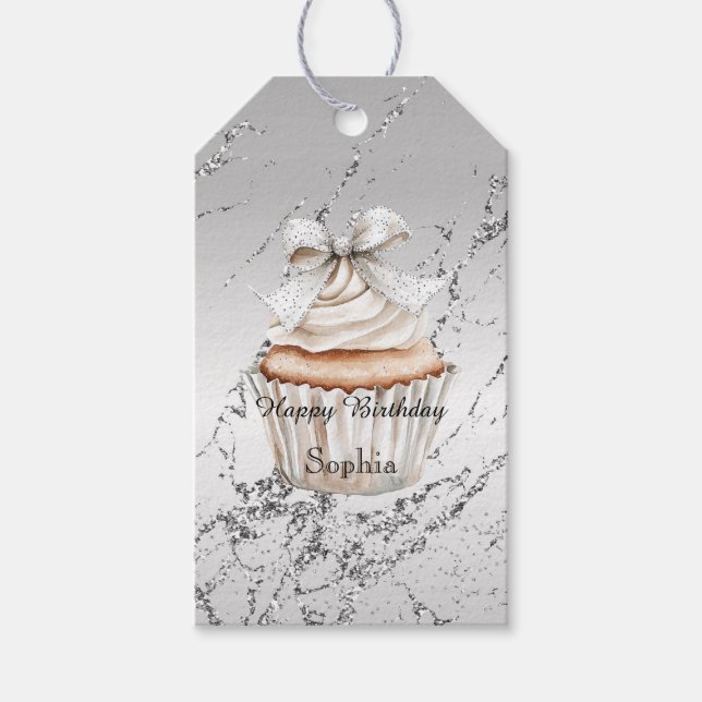 Glittrig Silver Vit Cupcake-slinga Födelsedag Presentetikett (Framsidan)