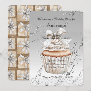 Glittrig silver vit cupcakesfärgband födelsedag inbjudningar