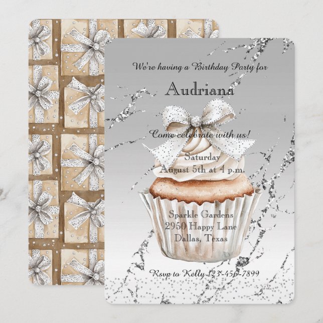 Glittrig silver vit cupcakesfärgband födelsedag inbjudningar (Fram/baksida)