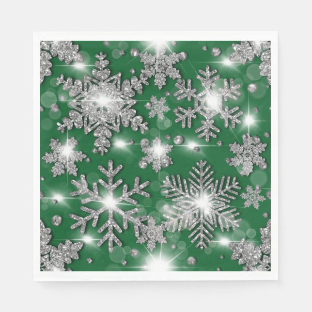 Glittrig silvergrön festlig snöflingemönster   pappersservett (Framsidan)