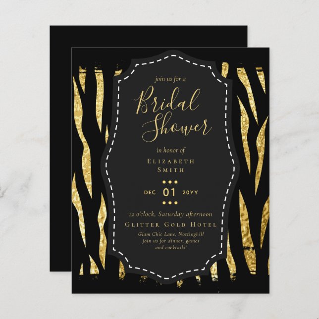 Glittrig svart guld Bröllopsdusch tema inbjudninga (Fram/baksida)