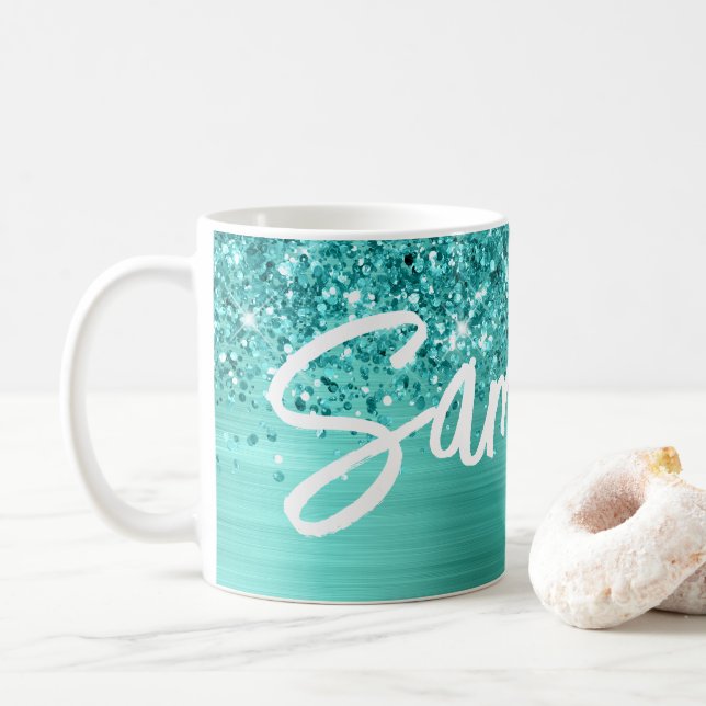 Glittrig Teal Turkos Glam Borste Skriptnamn Kaffemugg (Med munk)