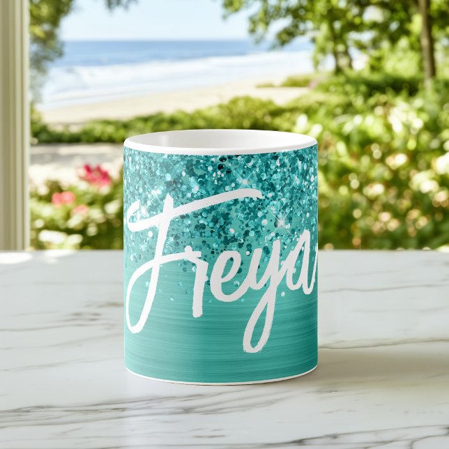 Glittrig Teal Turkos Glam Borste Skriptnamn Kaffemugg (Glittery Teal Turquoise Glam Brush Script Name Coffee Mug
)