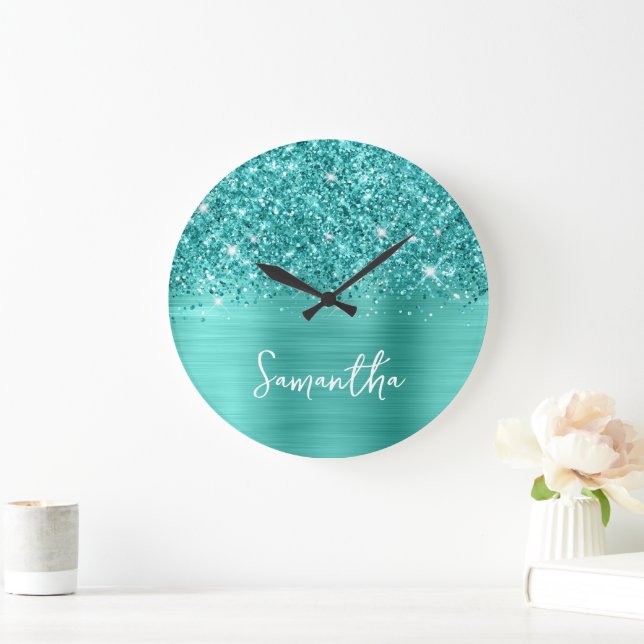 Glittrig Teal Turkos Glam Vit Skriptnamn Stor Klocka (Hem)