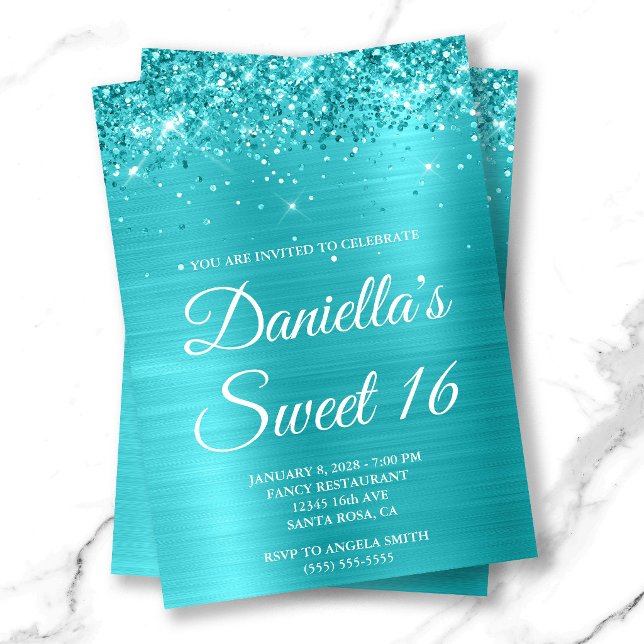 Glittrig turkos blå metallisk Sweet 16 Inbjudningar (Glittery Turquoise Blue Metallic Sweet 16 Invitation)