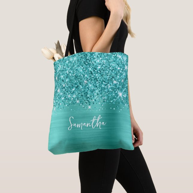 Glittrig Turkos Teal Glam Namn Tygkasse (Närbild)