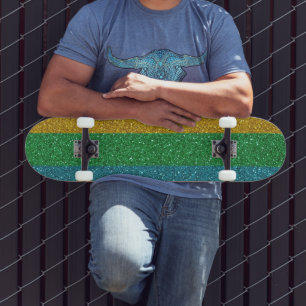 Glittrig utseende guld grön och blå gnista Unisex Mini Skateboard Bräda 18,5 Cm