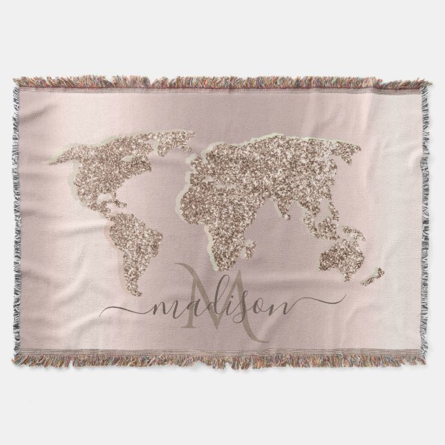 Glittrig världskarta Resa Rosa Guld Monogram Filt (Framsidan)