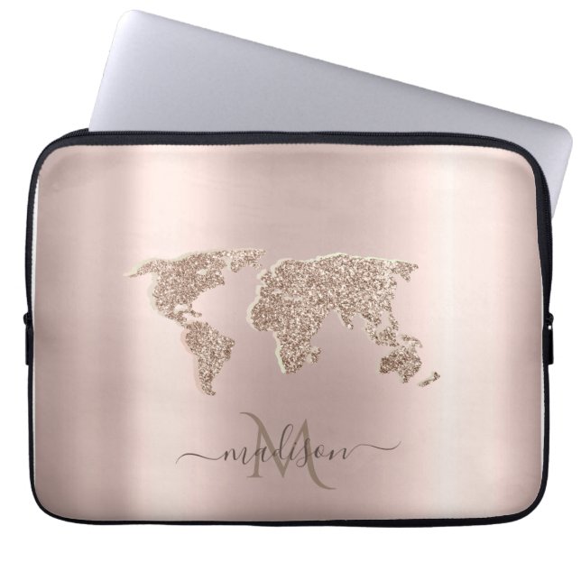 Glittrig världskarta resa roséguld monogram  laptop fodral (Framsidan)