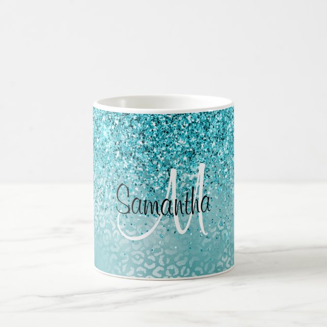 Glitz Aqua Turquise Glitter Leopard Skriv ut Kaffemugg (Center)
