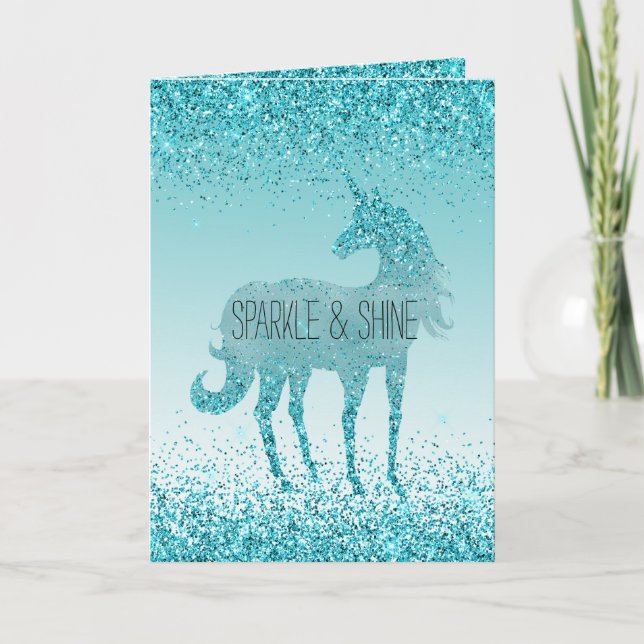 Glitz Aqua Turquise Glitter Unicorn Kort (Framsida)