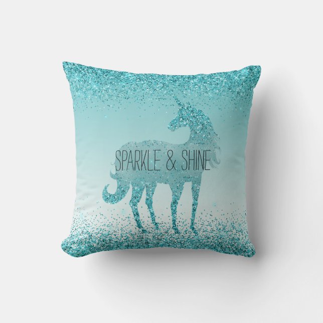 Glitz Aqua Turquise Glitter Unicorn Kudde (Framsida)