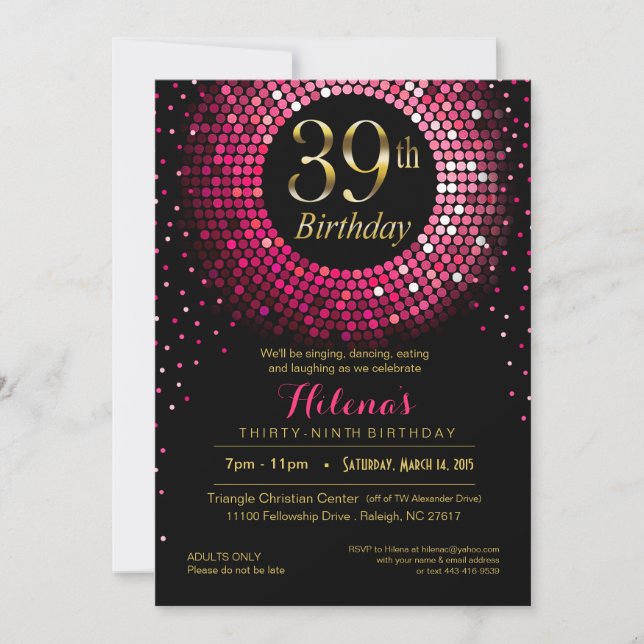 Glitz Bling Confetti 39:e födelsedagen | fuchsia g Inbjudningar (Framsida)