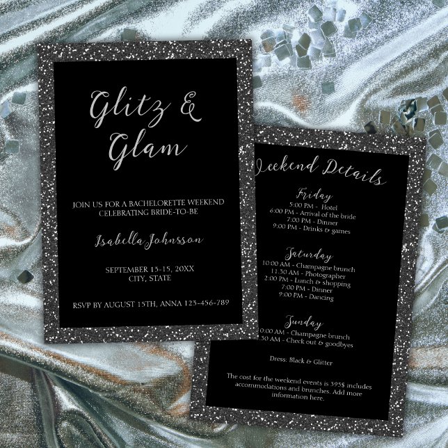 Glitz & Glam Black Glitter Bachelorette Helg Inbjudningar (Glitz & Glam Black Glitter Bachelorette Weekend Invitation silver)