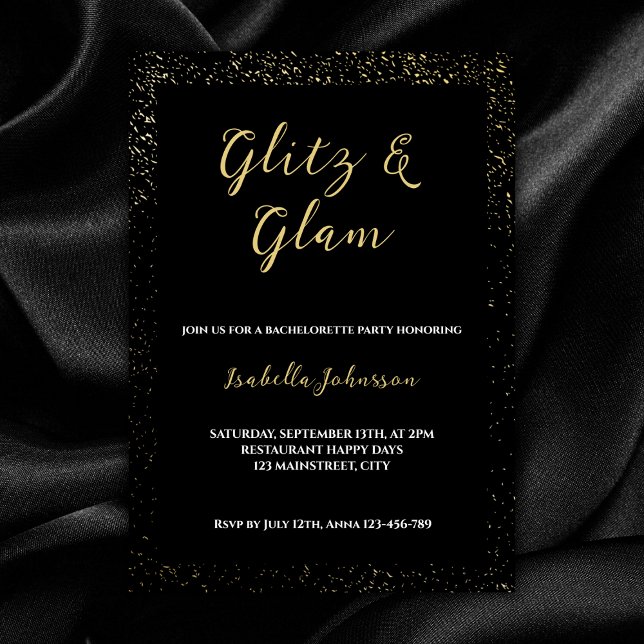 Glitz & Glam Black Glitter Bachelorette Party Inbjudningar (glitz and glam bachelorette party invitation glitter glamour black golden)
