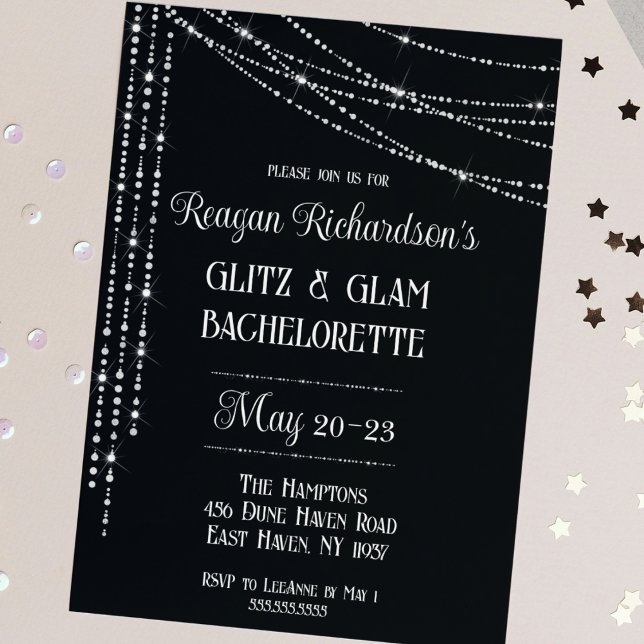 Glitz & Glam Diamond Bachelorette Helg Inbjudningar (glitz and glam bachelorette disco theme sparkles glitter glamorous invitation girls weekend silver)