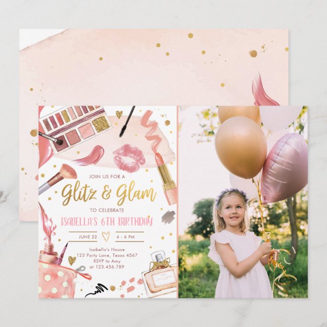 Glitz Glam Glamor Party Spa Girl Makeup Birthday Inbjudningar (Fram/baksida)