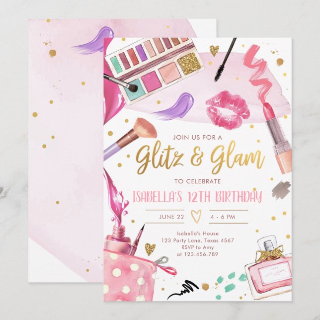Glitz Glam Glamor Spa Party Girl Makeup Birthday  Inbjudningar (Fram/baksida)