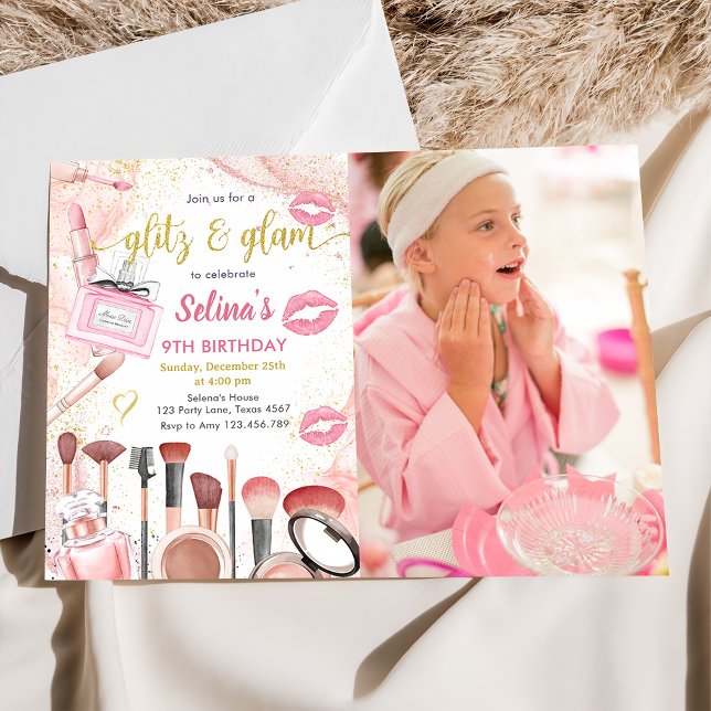 Glitz Glam Glamor Spa Party Rosa Makeup Birthday Inbjudningar (Skapare uppladdad)