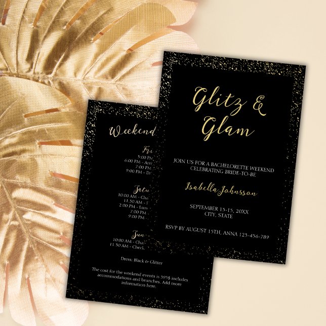 Glitz & Glam Golden Glitter Bachelorette Helg Inbjudningar (Glitz & Glam Black Glitter Bachelorette Weekend Invitation)