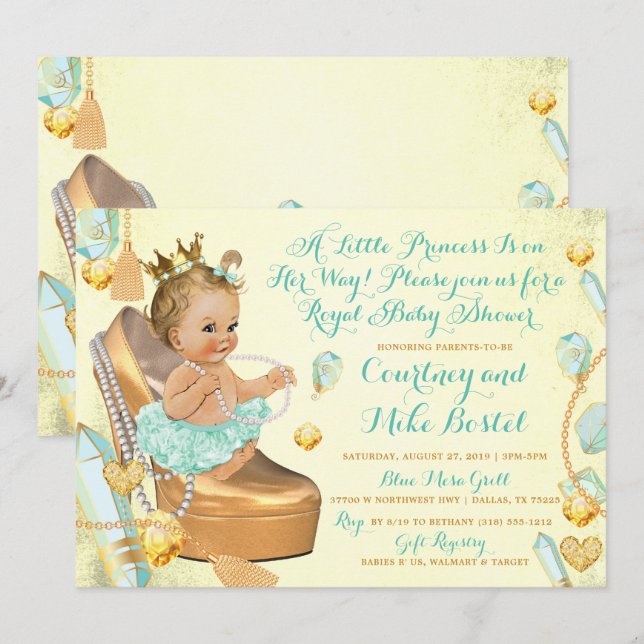 Glitz & Glam Mint Grönt & Gult Baby Shower Inbjudningar (Fram/baksida)