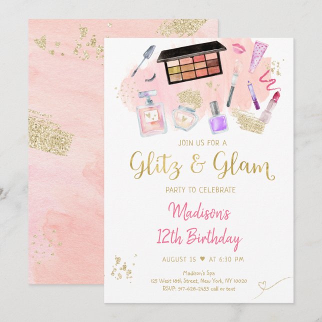 Glitz & Glam Rosa Guld Spa Birthday Inbjudningar (Fram/baksida)