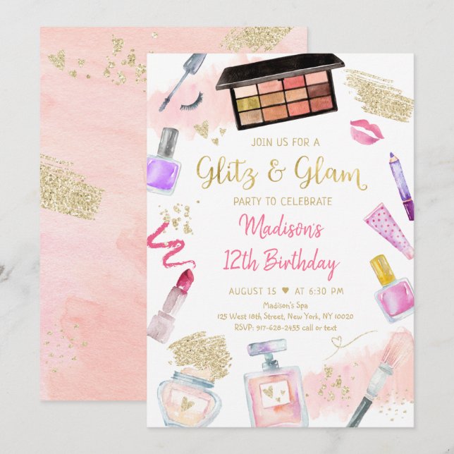 Glitz & Glam Rosa Guld Spa Birthday Inbjudningar (Fram/baksida)