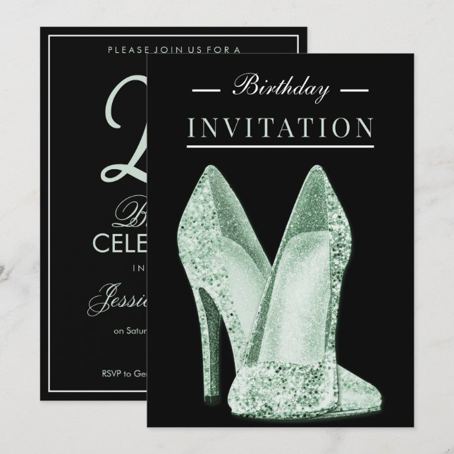 Glitz & Glamour Grön 25-årsdag Inbjudningar (Fram/baksida)