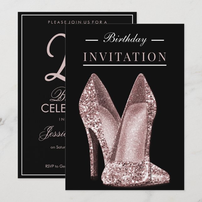 Glitz & Glamour Rose Guld 25-årsdag Inbjudningar (Fram/baksida)