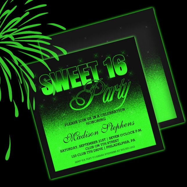 Glitz och Glamous Black and Neon Grönt Sweet 16 Inbjudningar (Skapare uppladdad)