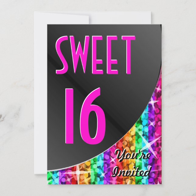Glitz Rainbow Rand svarta kurva "Sweet 16" Inbjudningar (Framsida)