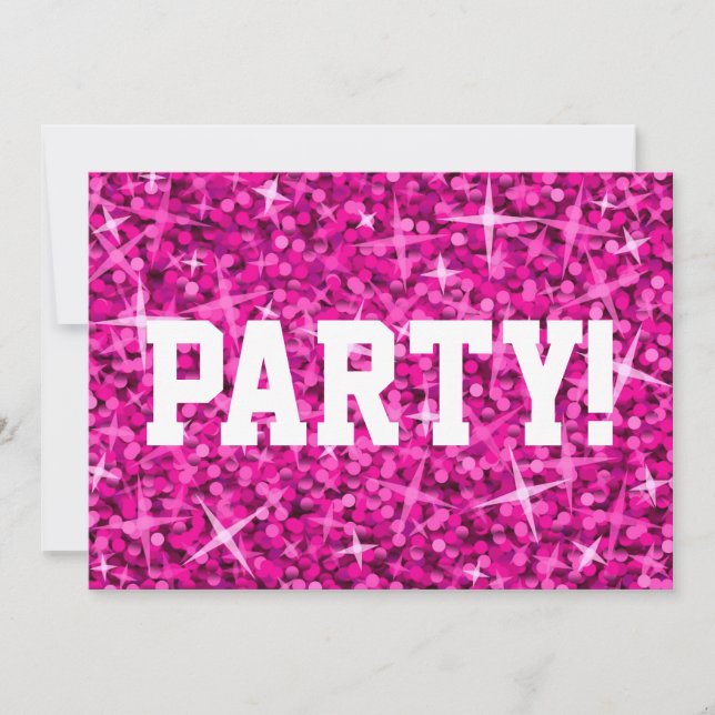 Glitz Rosa "Party!" inbjudan, vit text Inbjudningar (Framsida)