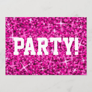 Glitz Rosa "Party!" inbjudan, vit text Inbjudningar