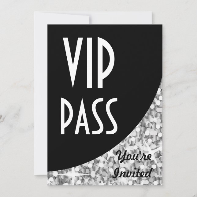 Glitz "Silver" svart kurva "VIP Pass" inbjudan (Framsida)