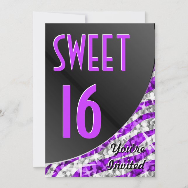 Glitz Zebra-Lila-kurva "Sweet 16"-inbjudan Inbjudningar (Framsida)