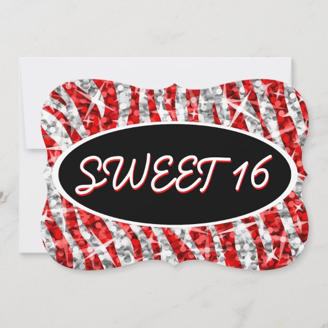 Glitz Zebra Red "Sweet 16" svart ovalgaffel Inbjudningar (Framsida)