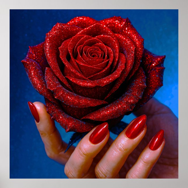 Glitzernde Rote Rose mit Passenden Nägeln Poster (Framsidan)