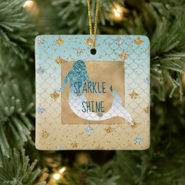 Glitzy Aqua Sjöjungfru Blue Guld Gnistra Glitter Julgransprydnad Keramik