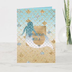 Glitzy Aqua Sjöjungfru Blue Guld Gnistra Glitter Kort