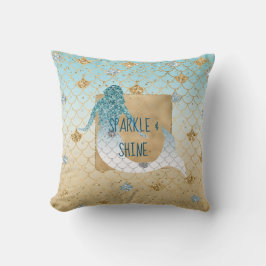 Glitzy Aqua Sjöjungfru Blue Guld Gnistra Glitter Kudde