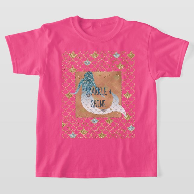Glitzy Aqua Sjöjungfru Blue Guld Gnistra Glitter   T Shirt (Laydown)