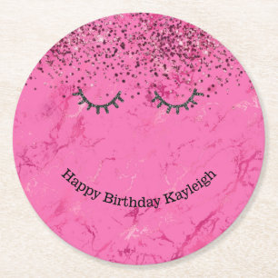 Glitzy Black Eyelash Rosa Glitter Birthday Underlägg Papper Rund