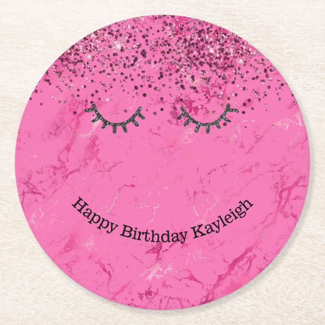 Glitzy Black Eyelash Rosa Glitter Birthday Underlägg Papper Rund (Framsidan)